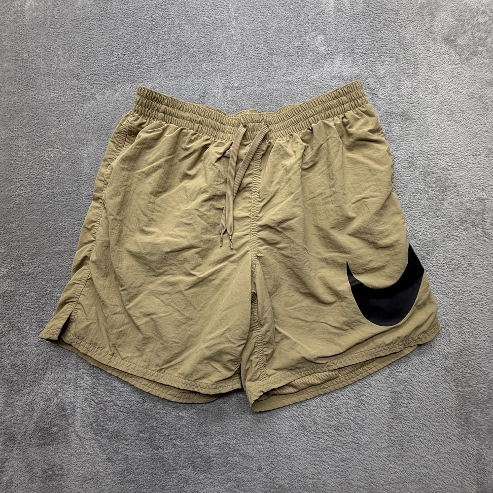 Nike‎ Swim Shorts Mens L Beige Solid Built-In Brief Drawstring Mesh Lined